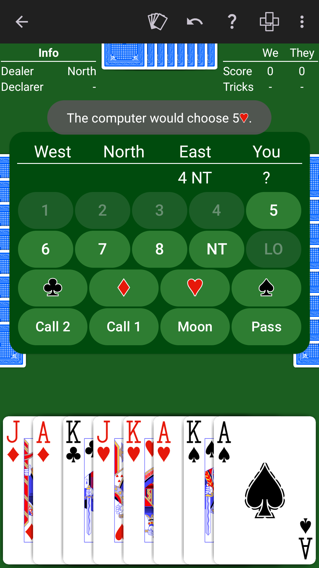 NeuralPlay Bid Euchre recommending a bid of five hearts