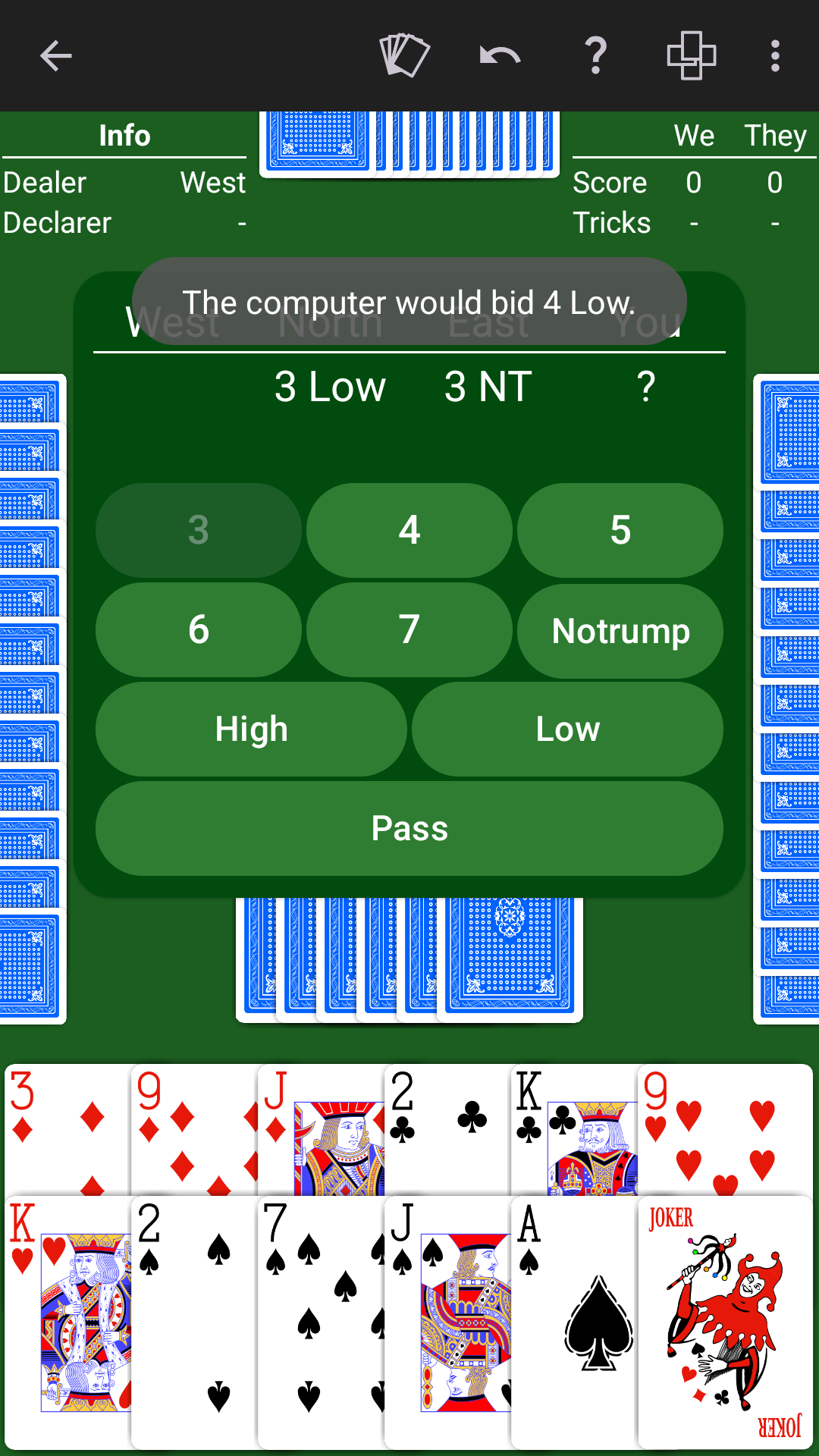 NeuralPlay Bid Whist recommending a bid of four low