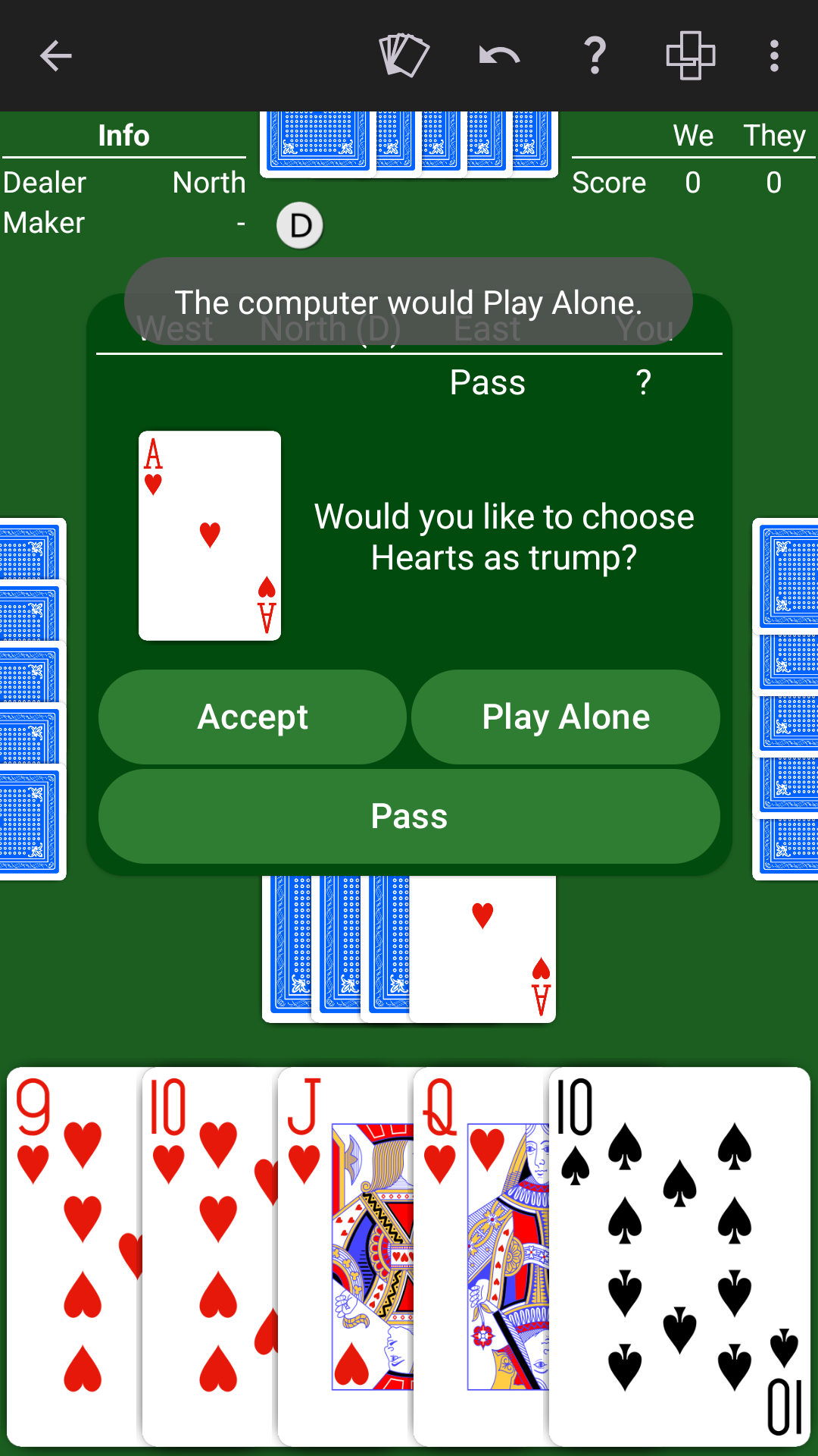 NeuralPlay Euchre hint recommending playing alone in hearts