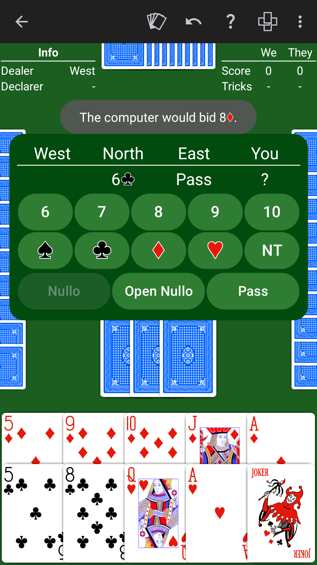 NeuralPlay 500 recommending a bid of eight diamonds