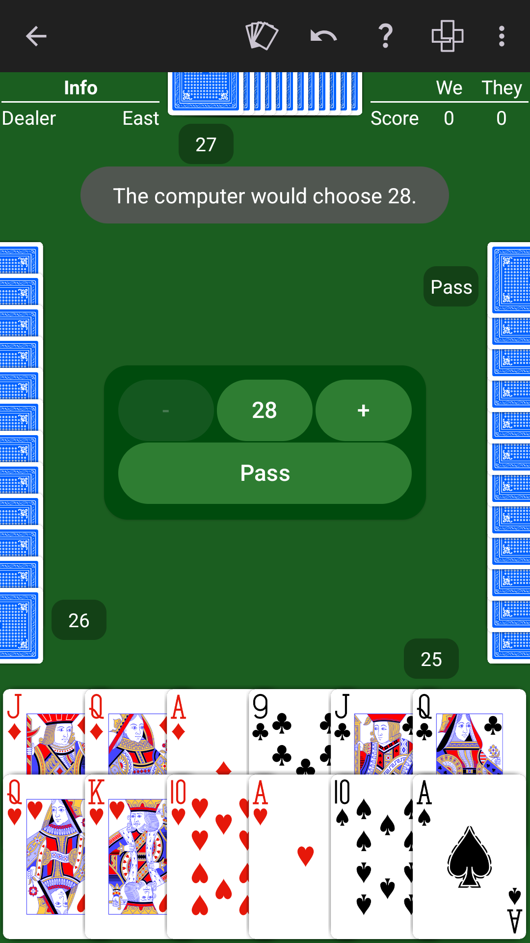 NeuralPlay Pinochle recommending a bid of 28