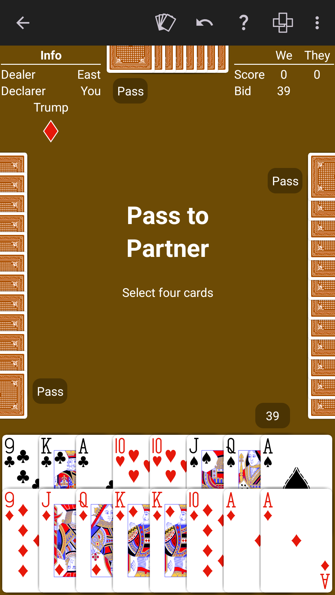 Selecting four cards to pass to a Pinochle partner