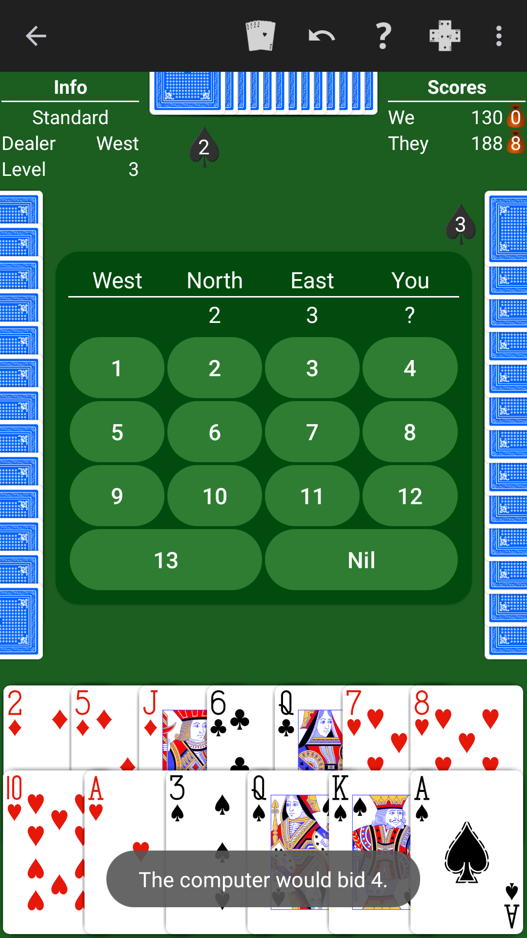 NeuralPlay suggesting a bid of four in Spades