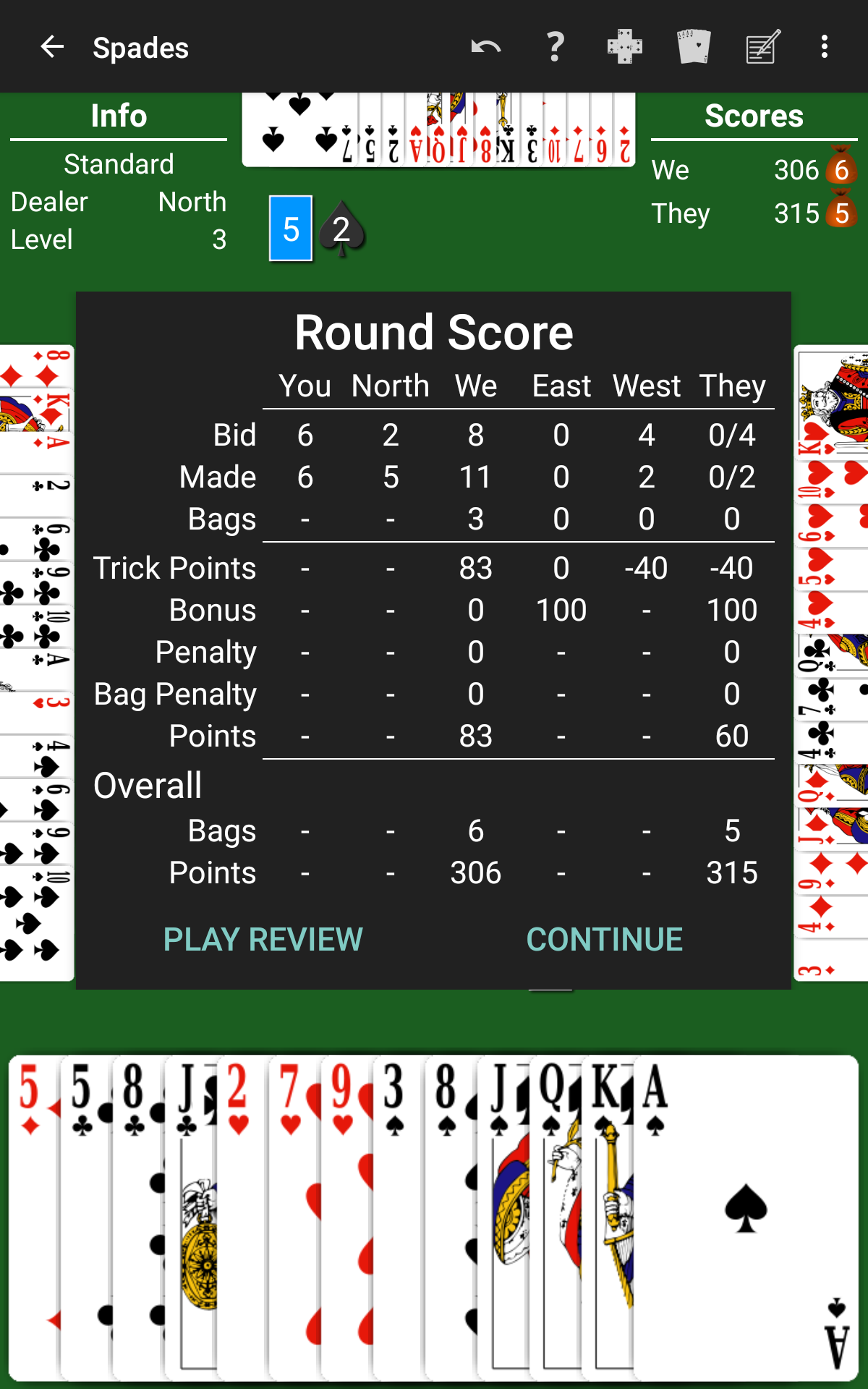 Spades show round score details