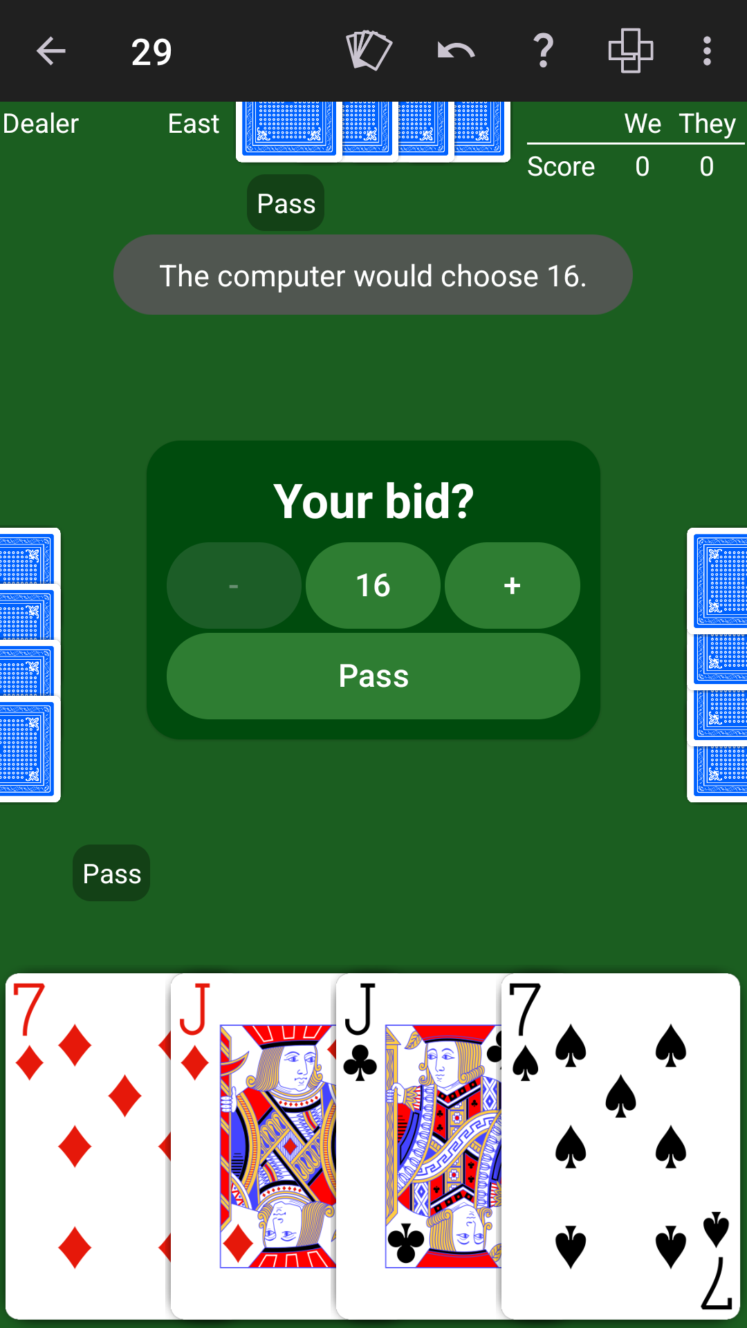 NeuralPlay 29 recommending a bid of 16